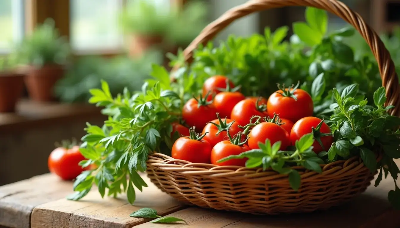 Basket of freshly harvested homegrown tomatoes and herbs symbolizing home food harvest and garden freshness