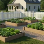 A well-organized backyard garden with multiple raised beds, demonstrating optimal plant placement for sun exposure and microclimates.