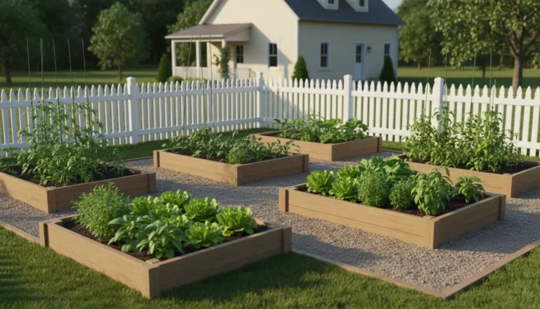 A well-organized backyard garden with multiple raised beds, demonstrating optimal plant placement for sun exposure and microclimates.