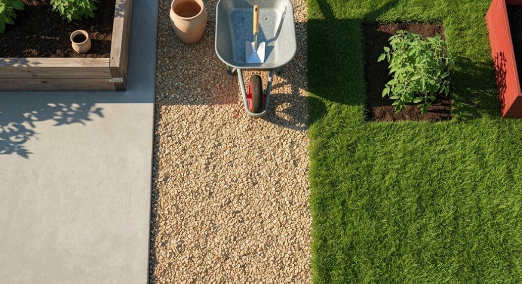 concrete for heavy loads gravel for drainage grass avoided