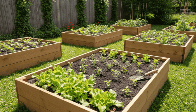 Several raised garden beds filled with lush, green vegetables and herbs, demonstrating the benefits and practical considerations of using raised beds for home gardening.