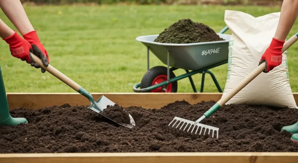 A gardener in gloves preparing a raised garden bed for fall planting, adding compost and mulching the fall raised beds.