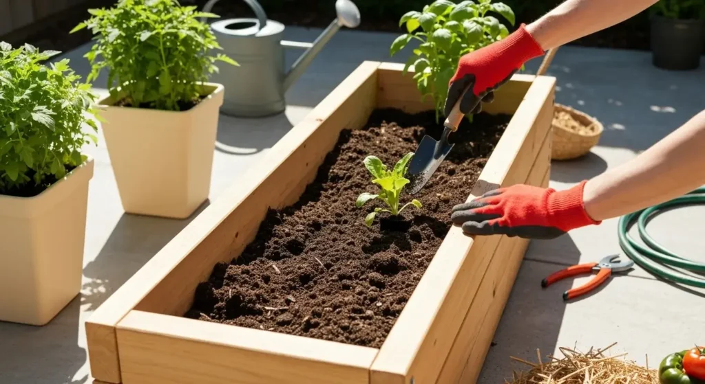 A gardener in red gloves uses a trowel to plant a green seedling into a wooden raised garden bed on a concrete patio, surrounded by potted plants, a watering can, and gardening tools, in a modern rustic farmhouse style.
