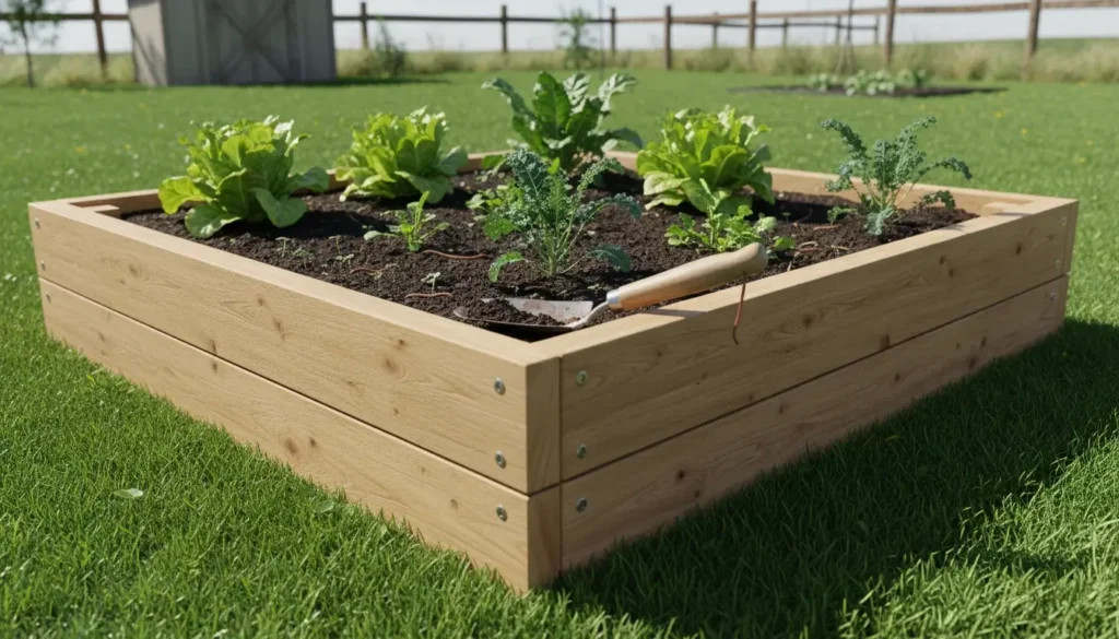 Healthy green vegetables like lettuce and kale growing in a wooden raised garden bed, showcasing great raised bed soil with improved drainage and structure.