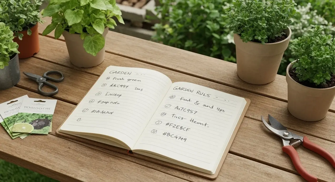 Open notebook with handwritten garden rules on a wooden table surrounded by potted plants and gardening tools at Home Food Harvest.