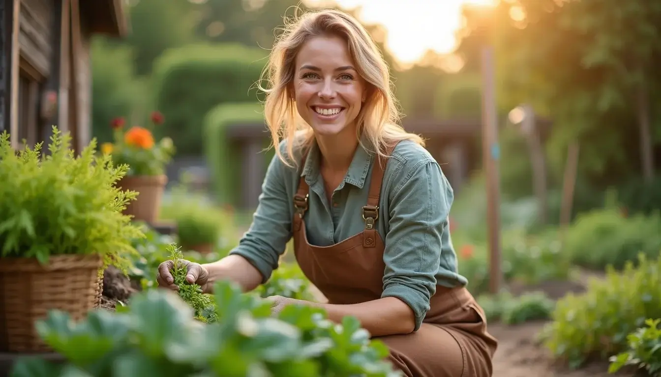 Smiling gardener harvesting fresh vegetables in a lush home food harvest garden at sunset