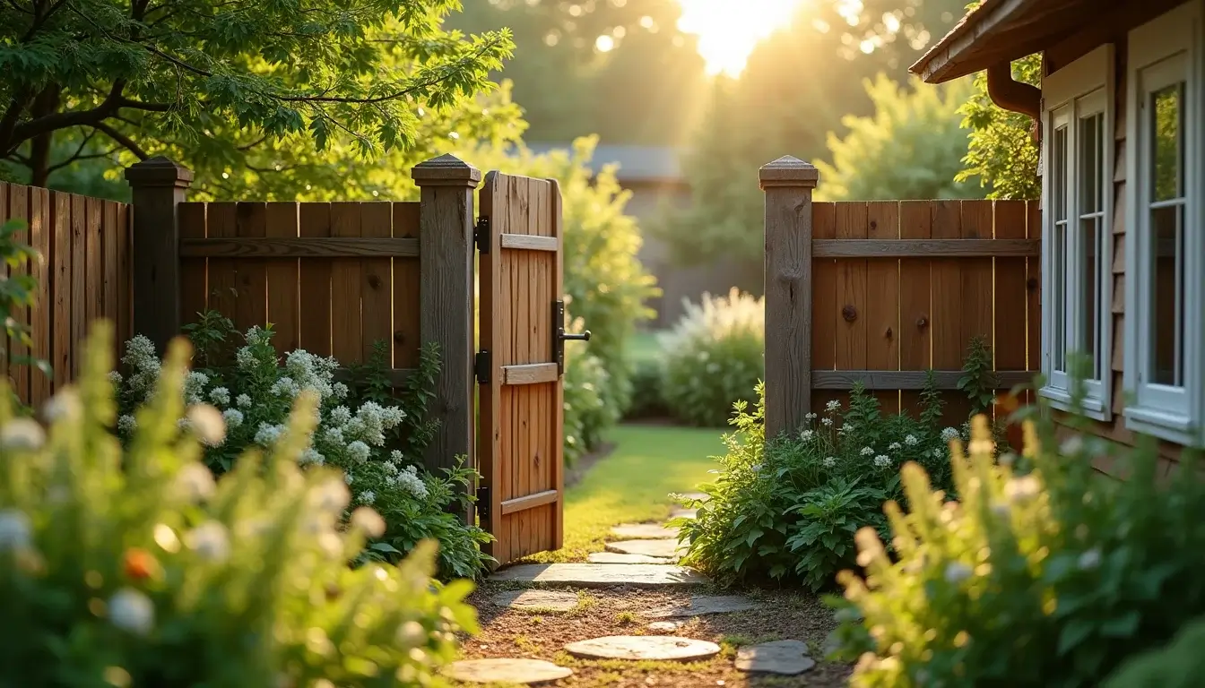 Cozy rustic wooden garden gate slightly open with lush green plants and warm sunlight at Home Food Harvest