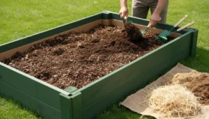 A person filling a green raised garden bed with a shovel, adding soil and organic matter, demonstrating the initial steps for preparing a raised bed.