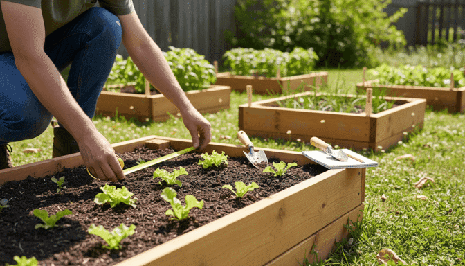 A person's hands carefully tending to a raised garden bed, demonstrating the process of maintaining proper soil volume and quality for a thriving home vegetable garden.