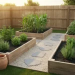 A well-designed backyard garden with raised wooden beds, strategically placed to optimize sun exposure, benefit from wind protection, and facilitate watering.