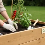 Person planting basil in a non-toxic, rot-resistant raised garden bed with tomatoes, promoting sustainable organic gardening.