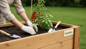Person planting basil in a non-toxic, rot-resistant raised garden bed with tomatoes, promoting sustainable organic gardening.