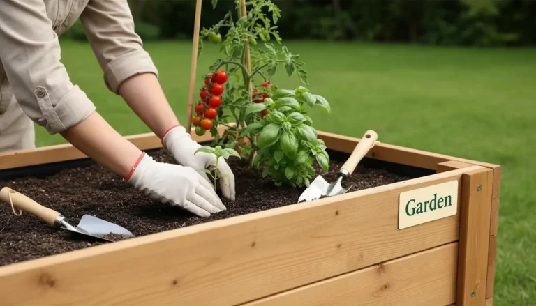 Person planting basil in a non-toxic, rot-resistant raised garden bed with tomatoes, promoting sustainable organic gardening.