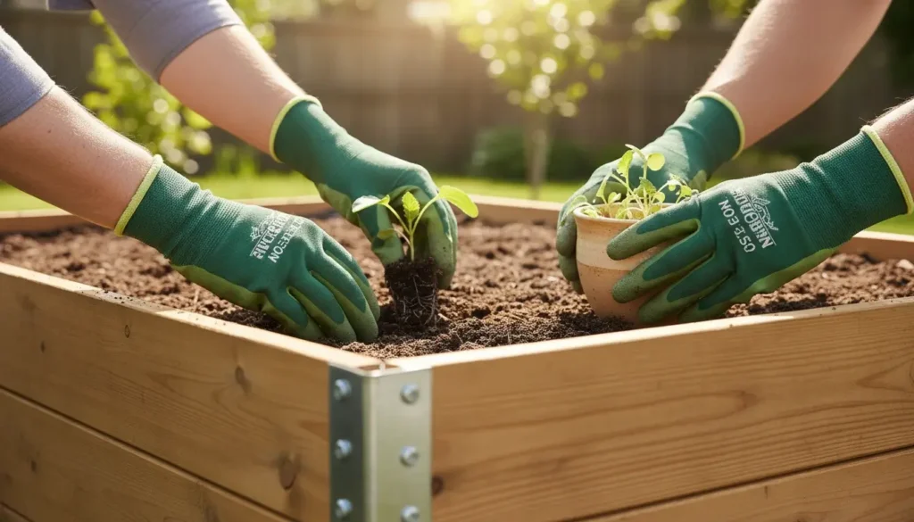 Two people planting seedlings in a durable, non-toxic, rot-resistant raised garden bed, demonstrating practical installation and maintenance.
