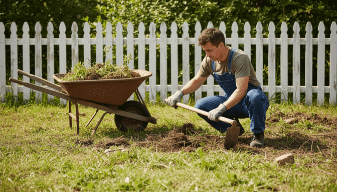 A man digging and preparing the soil in a raised garden bed, demonstrating the initial steps of setting up a raised bed for growing flowers.