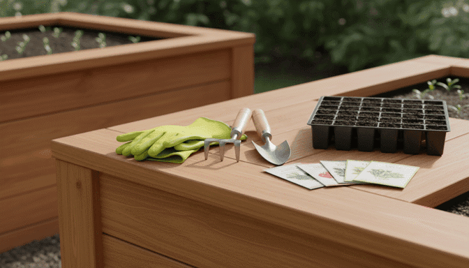Gardening tools, seed packets, and a seedling tray resting on the edge of a wooden raised bed, representing the preparation for planting that will be protected by raised bed covers.