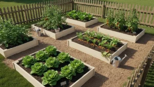Raised garden beds showcasing optimal plant spacing for various vegetables, including lettuce, carrots, and tomatoes, within a well-organized backyard setting.