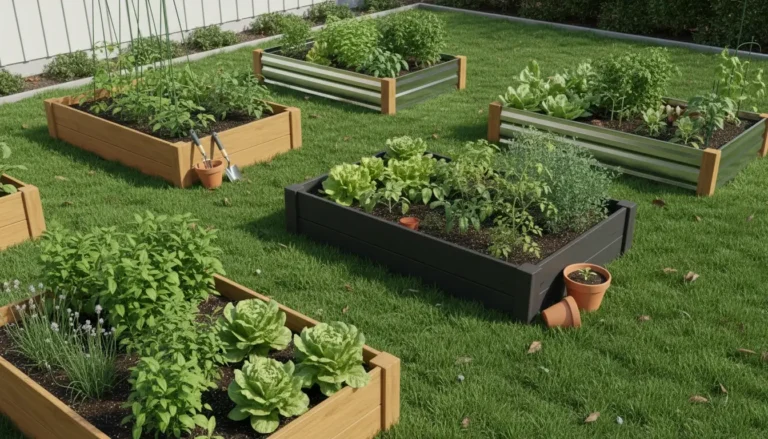 Various raised garden beds showcasing different materials like wood, metal, and composite, filled with thriving plants in a backyard setting.
