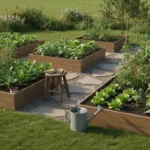 Raised garden beds with various vegetables growing in a well-organized layout, featuring a gravel path and stepping stones.