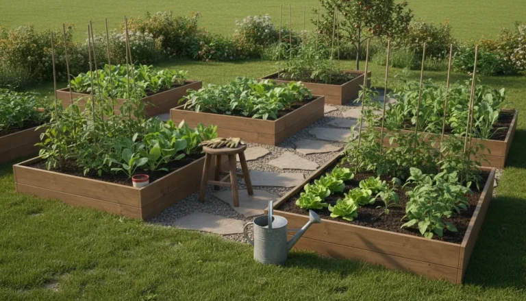 Raised garden beds with various vegetables growing in a well-organized layout, featuring a gravel path and stepping stones.