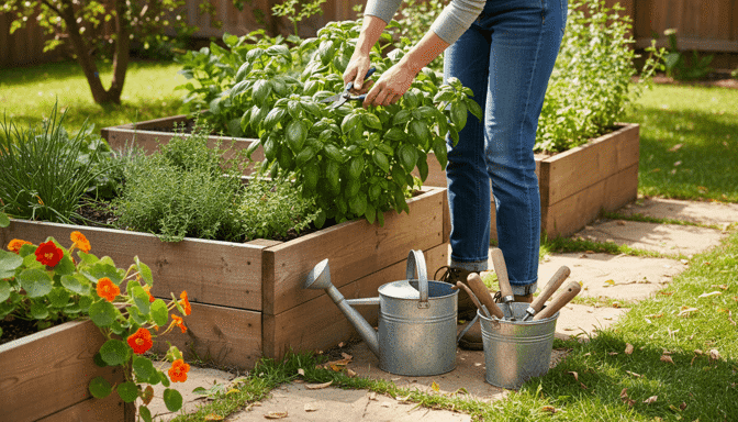 A person's hands tending to a raised garden bed filled with lush, green herbs like basil, demonstrating the maintenance and care required for a thriving herb garden.