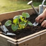squash seedlings in raised beds