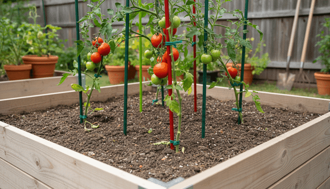 A raised garden bed filled with thriving tomato plants, showcasing the healthy growth and ripening tomatoes on the vine. The image demonstrates the successful cultivation of tomatoes in a raised bed garden.