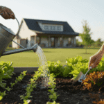 A gardener watering leafy green lettuce plants growing in a raised garden bed, demonstrating the proper watering technique for a successful lettuce harvest.