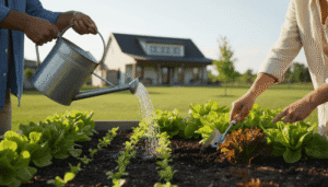 A gardener watering leafy green lettuce plants growing in a raised garden bed, demonstrating the proper watering technique for a successful lettuce harvest.