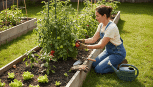 A woman gardener carefully harvesting ripe tomatoes from a thriving tomato plant in a raised garden bed, demonstrating the benefits of growing tomatoes in a raised bed for improved yields and disease resistance.