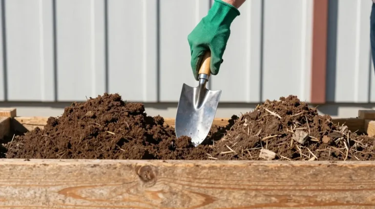 A gardener's gloved hand holding a trowel between two piles of soil amendment, comparing compost versus manure in a wooden raised garden bed.