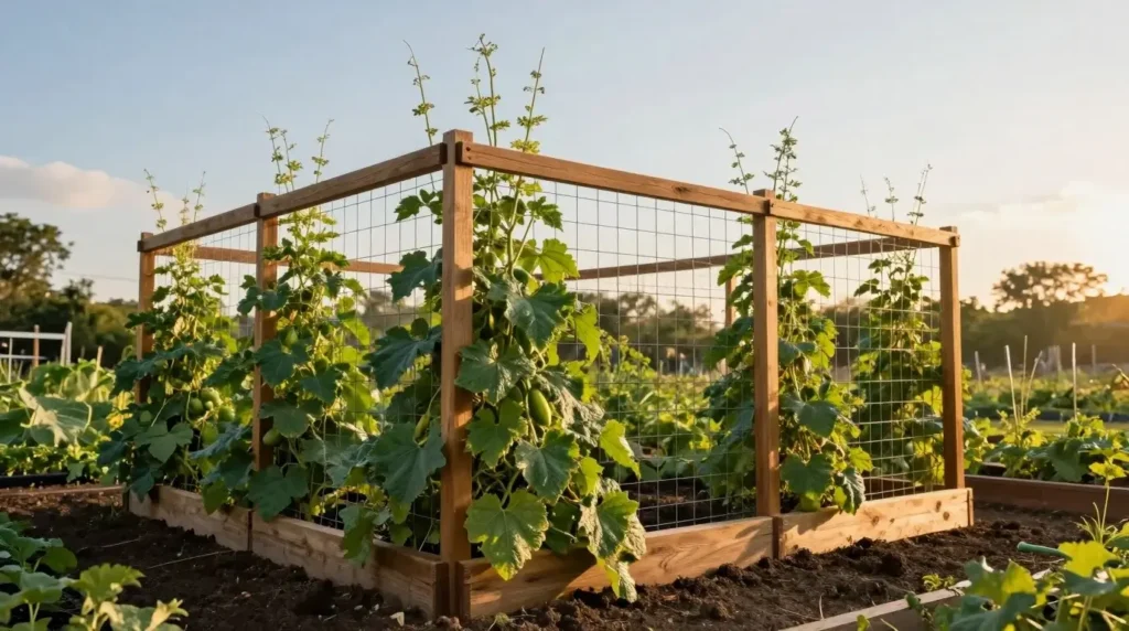 A DIY wooden trellis structure with wire mesh supporting vining cucumber or squash plants in a raised garden bed, captured during the golden hour.
