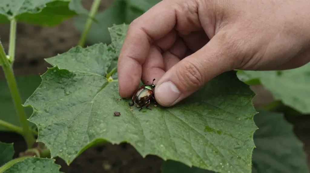 Close-up of a gardener's hand handpicking a shiny green and brown Japanese or cucumber beetle from a large, healthy green leaf as a quick fix for pest control.
