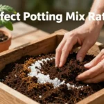 Gardener's hands mixing a DIY potting mix ratio with perlite and compost for container vegetables.
